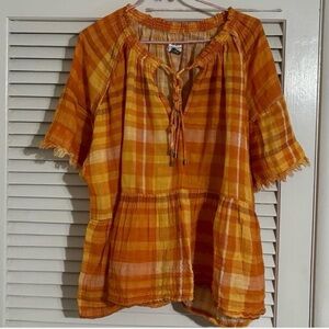 Anthropologie Pilcro The Bette Babydoll Top Orange Tie Neck Flowy Peasant XL